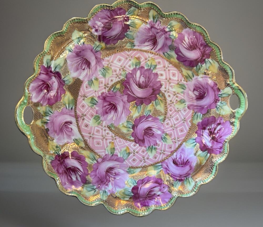 Nippon hand painted Moriage Purple Cabbage Roses Cake Plate Handles Japan 10”